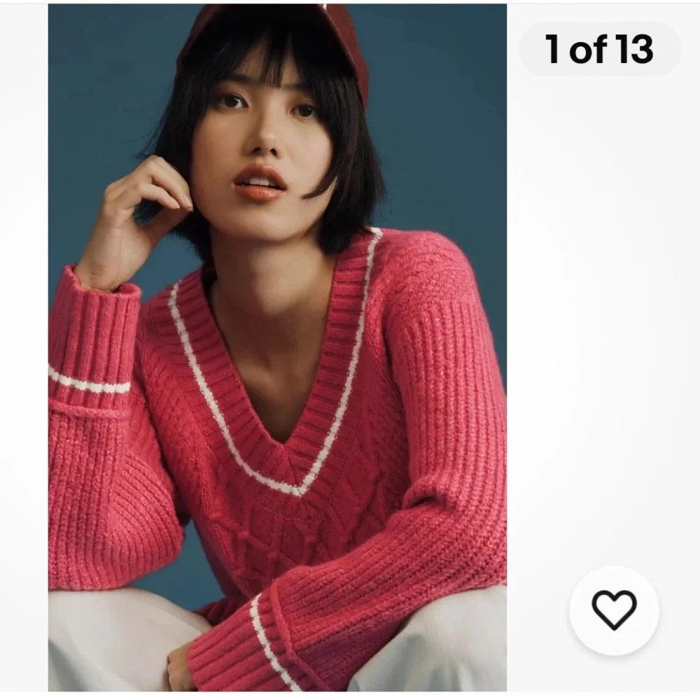 Anthropologie Maeve Sweater The Tillie V-Neck Cable Knit Pullover in Berry Pink - Picture 2 of 14